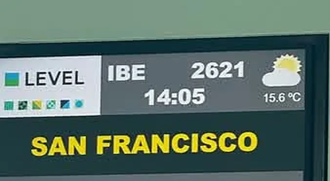 The departure board at the gate: IBE 2621, 14:05, San Francisco
